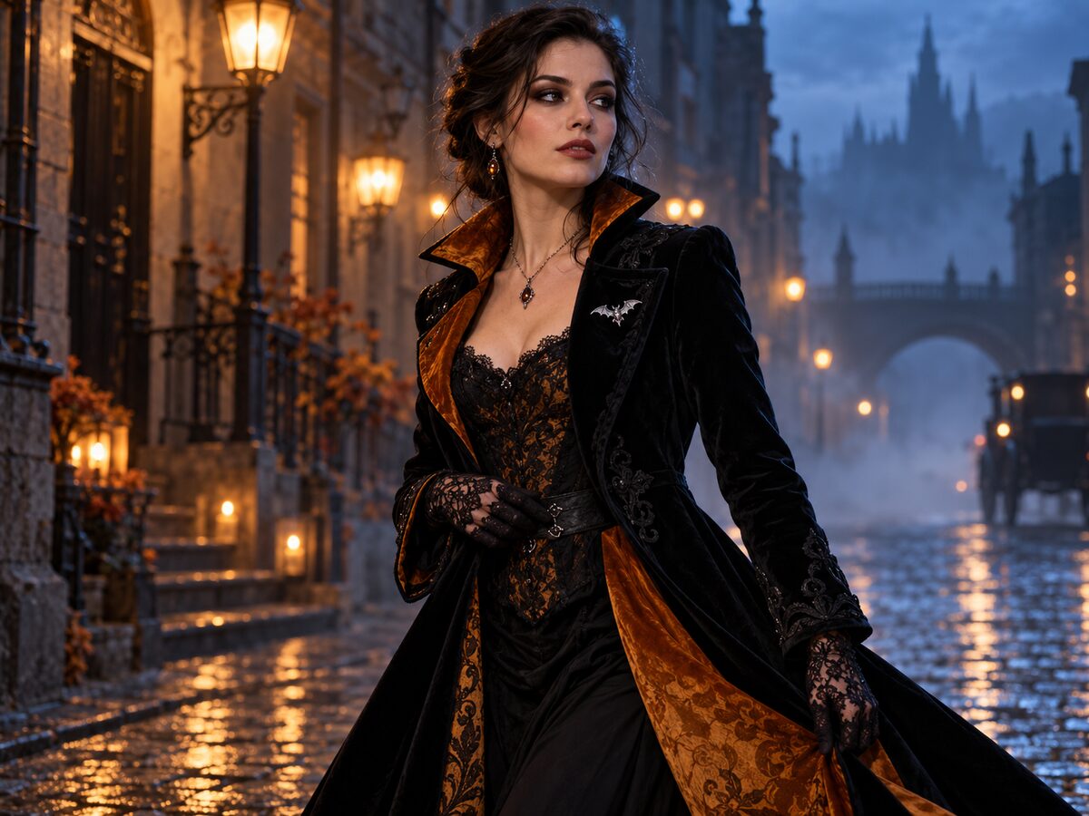 AI-generated editorial portrait of an adult in an original black velvet Halloween costume on a foggy street