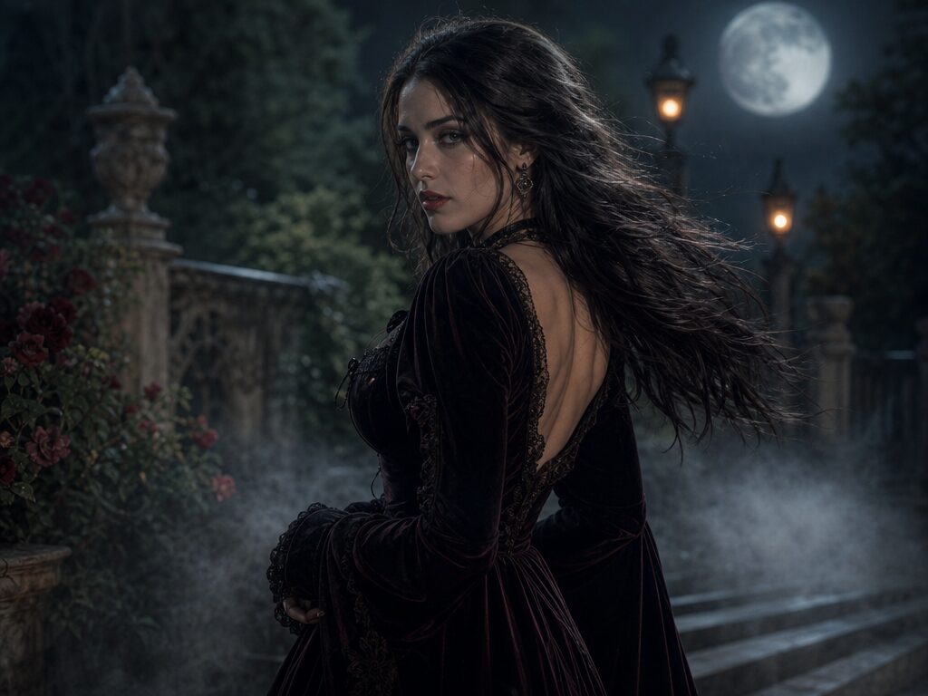 Cinematic still of an adult in a gothic Halloween costume turning toward the camera in a moonlit garden