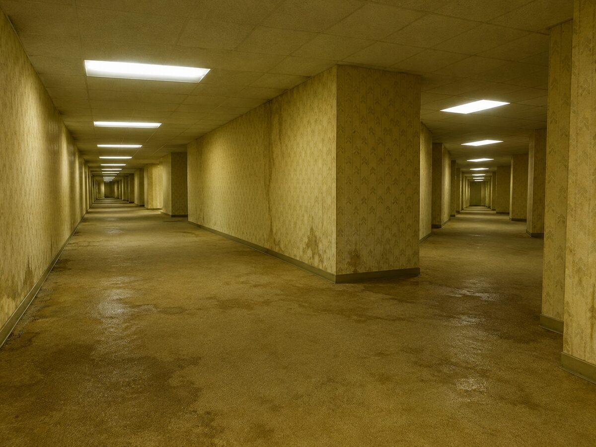 AI-generated empty yellow office hallway with fluorescent lights and damp carpet