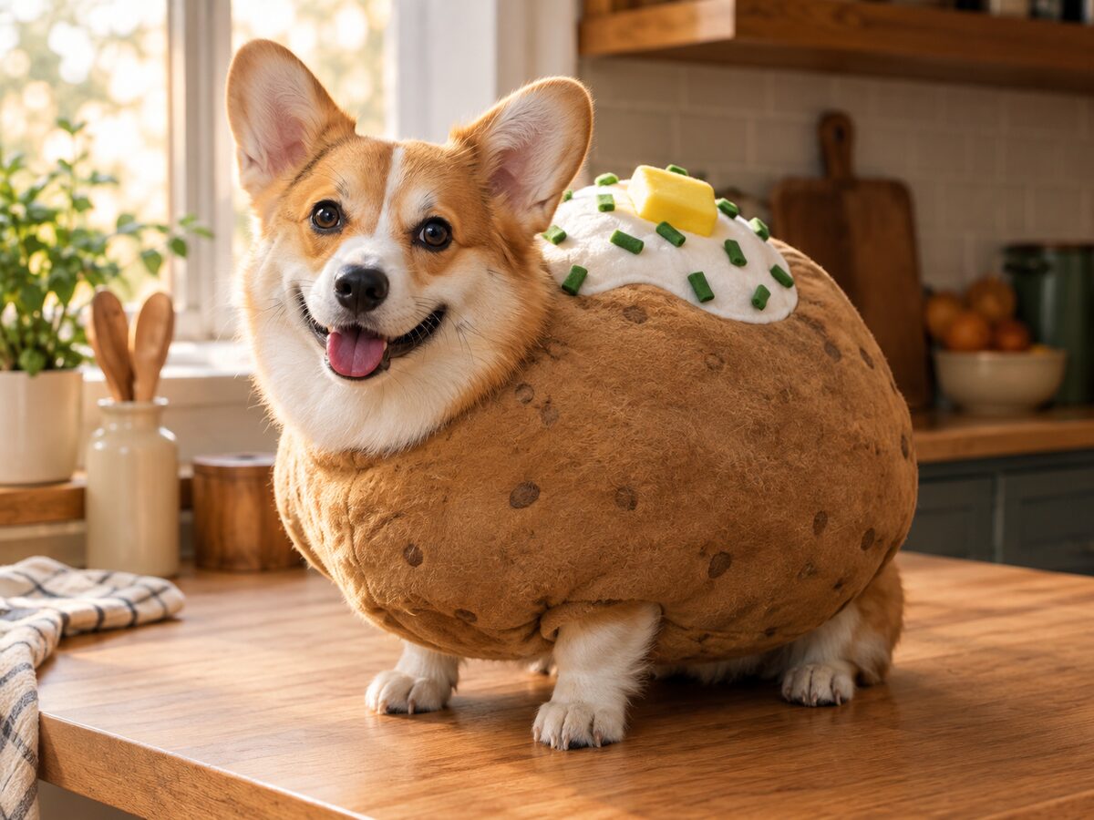 AI-generated corgi in a soft baked-potato costume with a butter pat and chives on a kitchen counter