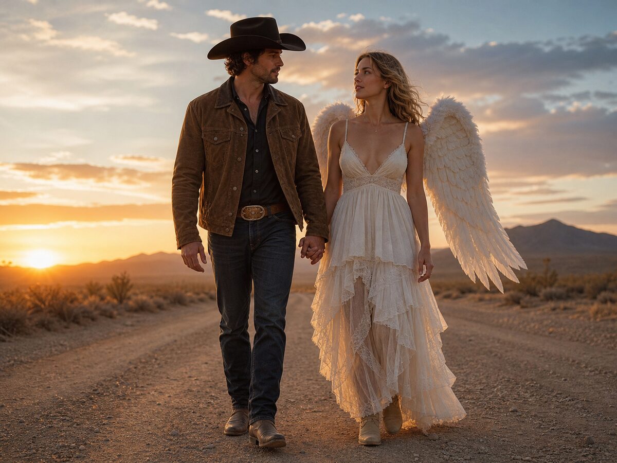 AI-generated couple in coordinated cowboy and angel Halloween costumes on a desert road at golden hour