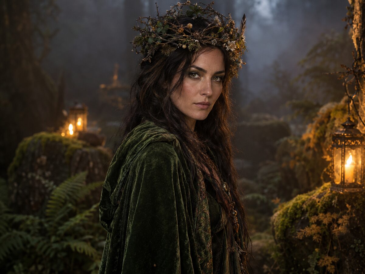 AI-generated forest witch portrait with a moss-green cloak, twig crown and misty woodland light