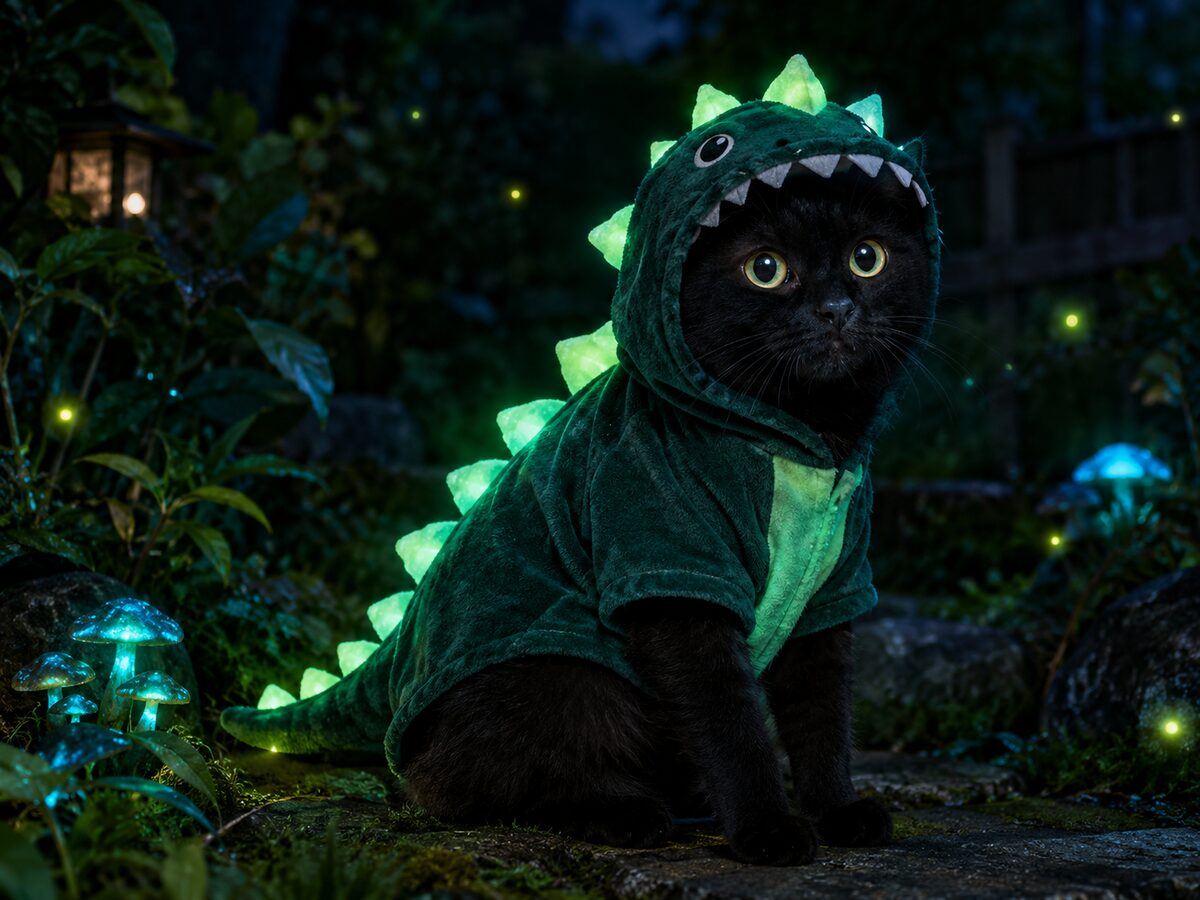AI-generated black cat in a glow-in-the-dark dinosaur costume in a dark garden at night