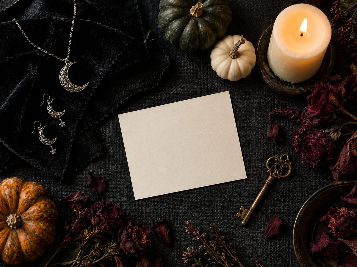 Moody flat lay of velvet fabric, silver moon jewelry, small pumpkins and a candle for Halloween prompt inspiration