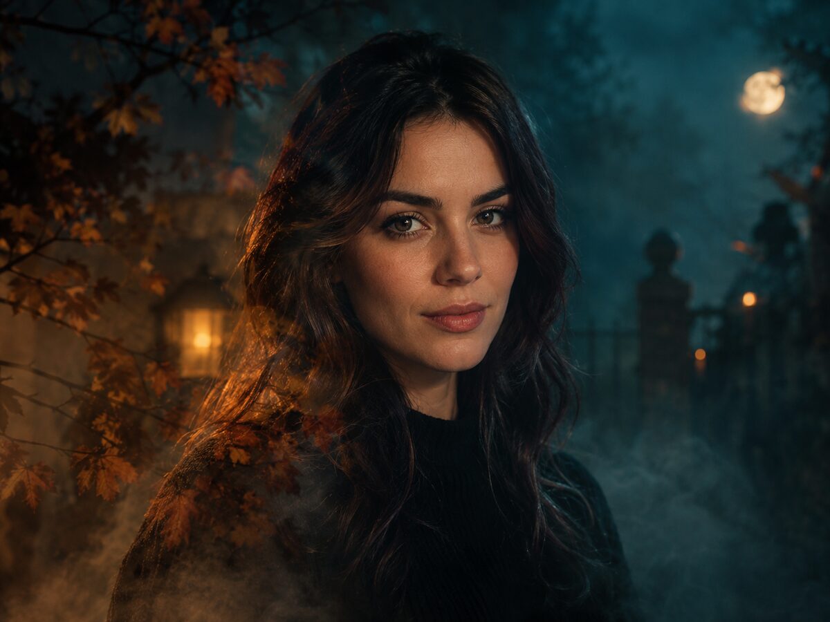 AI-edited portrait with a cinematic Halloween color grade, soft fog and warm amber highlights