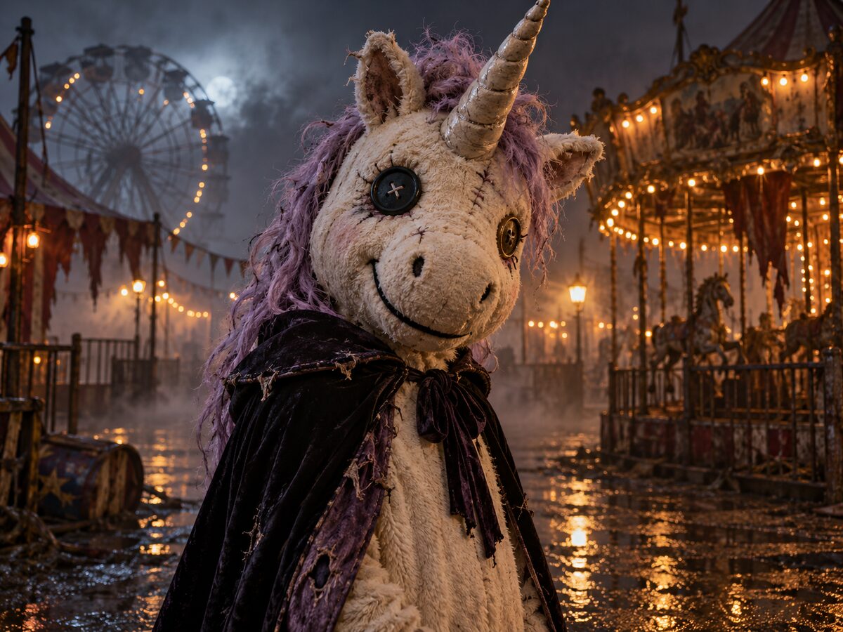 Original creepy-cute haunted unicorn mascot costume in a foggy abandoned carnival at night