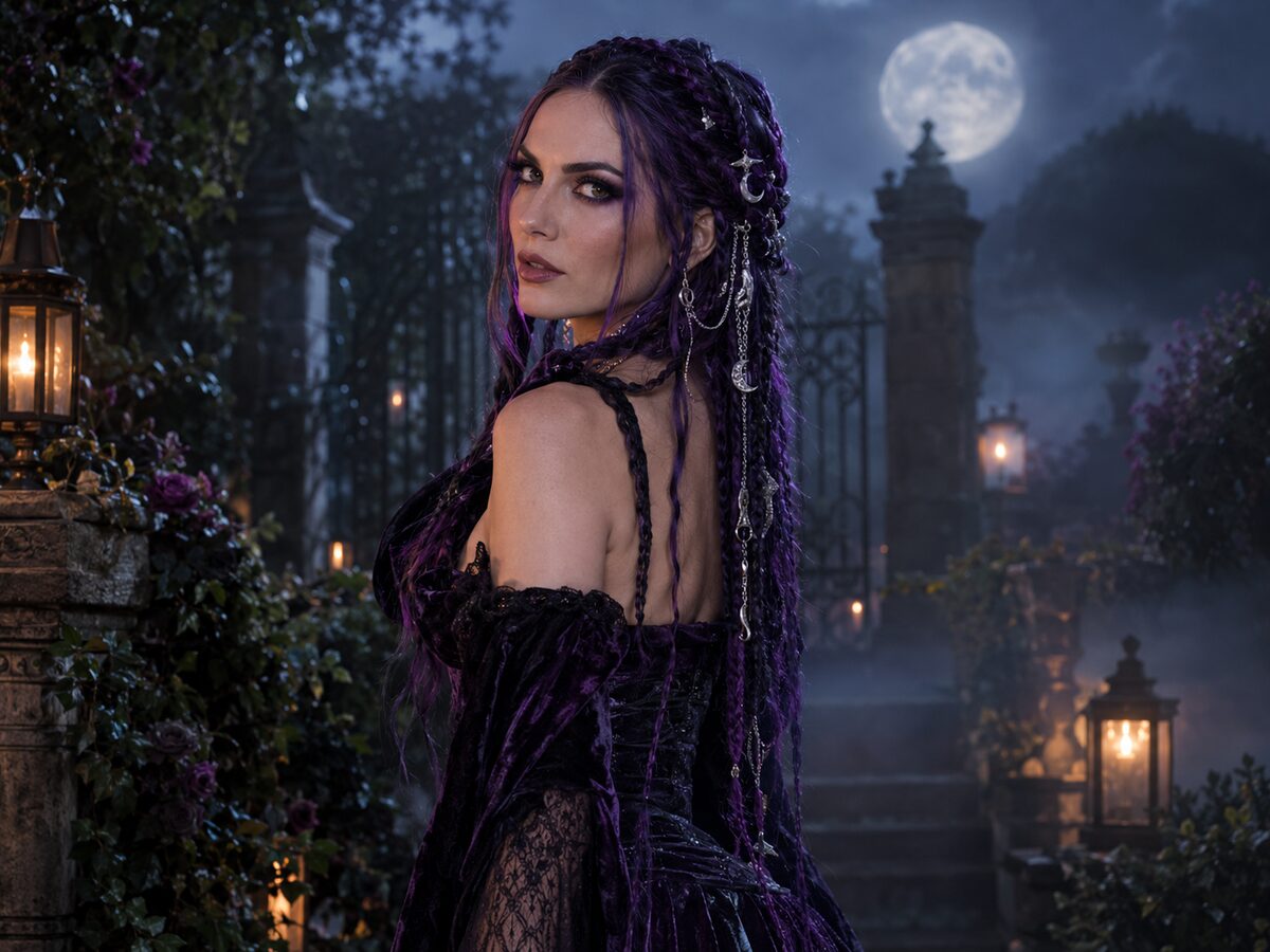 AI-generated gothic portrait with long violet braids, silver hair jewelry and a moonlit garden