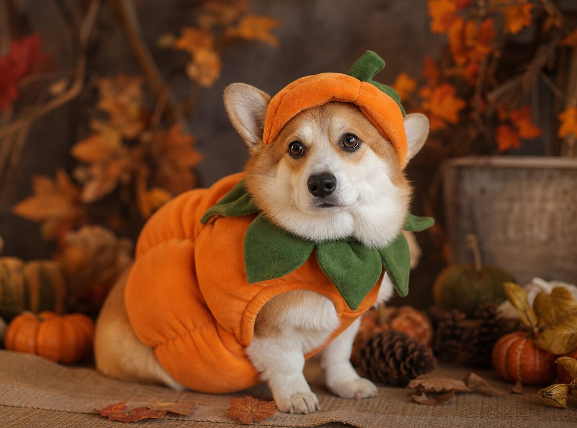 AI-generated corgi in a soft pumpkin Halloween costume in a cozy autumn studio