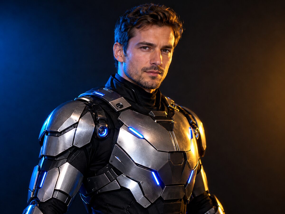 AI-generated portrait of an adult in a wearable robot costume with metallic panels and blue LED accents