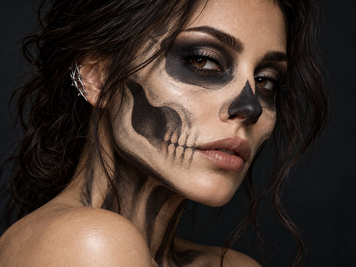 AI-generated close-up beauty portrait with elegant black and ivory skeletal makeup