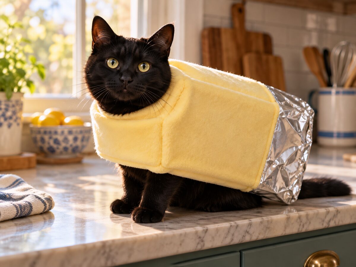 AI-generated black cat in a pale yellow stick-of-butter costume with a silver foil end on a kitchen counter